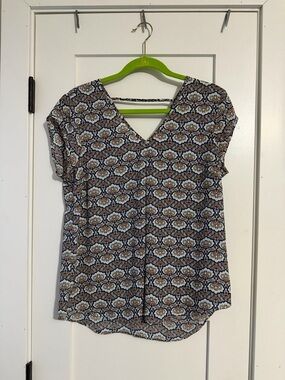 DR2 V-Neck Short Sleeve Blouse - Blue & Brown
